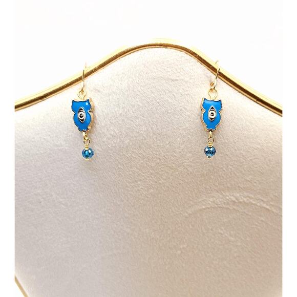 Teal Blue Enamel Owl Earrings Evil Eye Drop Hypoallergenic Gold Plated Hook - Picture 5 of 6